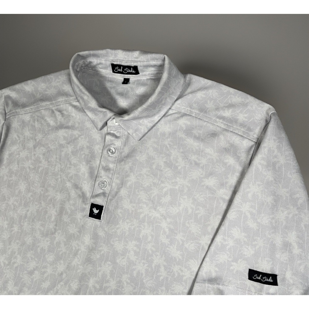 Bad Birdie Mens Large Short Sleeve Golf Polo White Floral Palm Leaf Performance